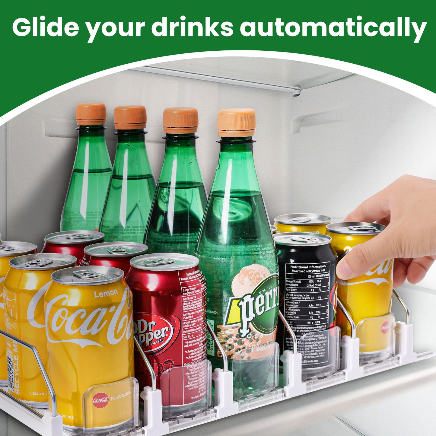 Tidyarmario Fridge Drink Organizer,Self Pushing Glide Buffer Drink Dispenser for Fridge, Soda Can Organizer for Refrigerator, Beer Bottle Beverage Organizer Drink Holder 5 Rows / 38 CM/White