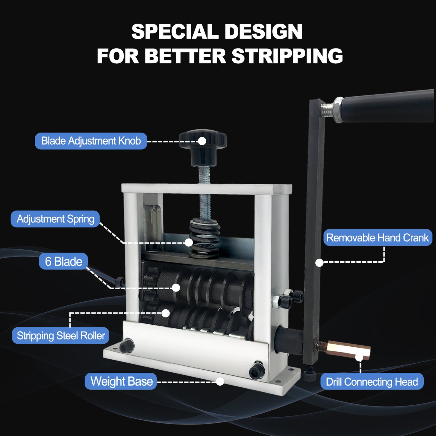 Wire Stripper Machine Upgraded Drill Powered and Hand Crank Steel Pressure Stripping Roller Scrap Cable Stripping Machine with 8 Channels & 6 Carbide Blade, with Extra Replacement Blade