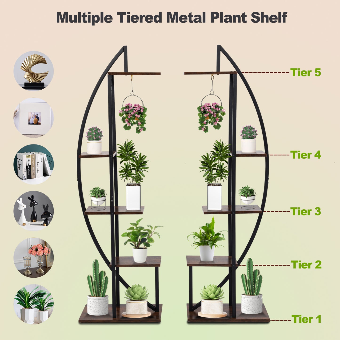 Tidyarmario Plant Stand Idoor with Grow Lights Grow Lights, 7 Tiered Metal Wooden Flower Stand, Half-Moon Shape Plant Shelf for Living Room ,balcony,Patio