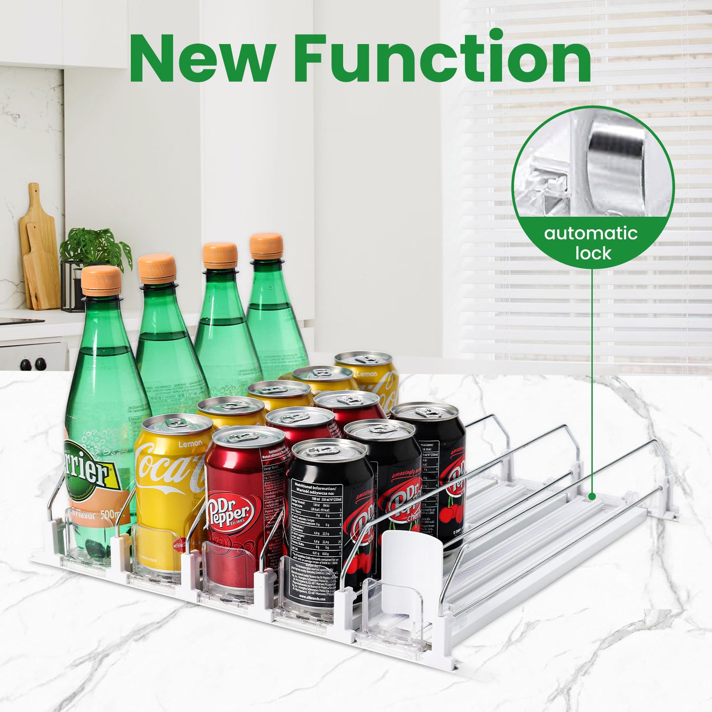 Tidyarmario Fridge Drink Organizer,Self Pushing Glide Buffer Drink Dispenser for Fridge, Soda Can Organizer for Refrigerator, Beer Bottle Beverage Organizer Drink Holder 5 Rows / 38 CM/White