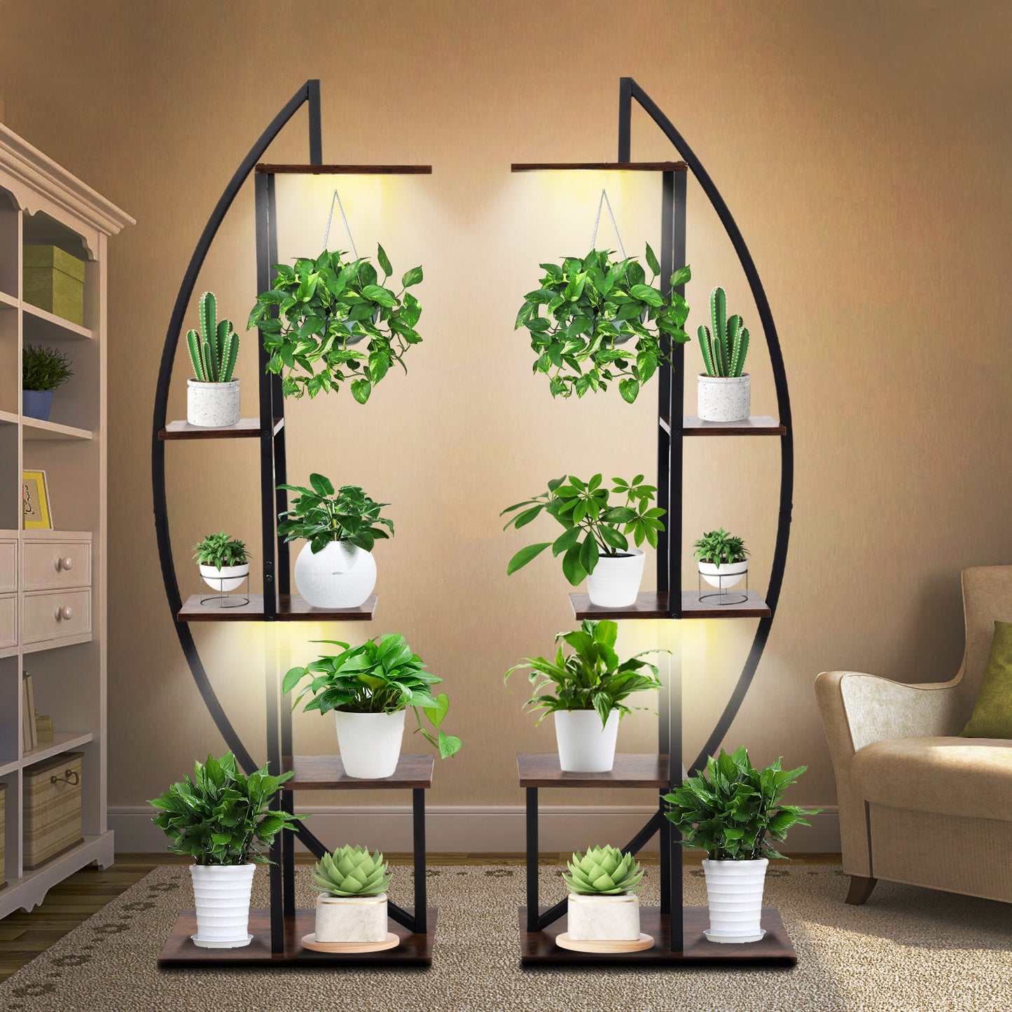 Tidyarmario Plant Stand Idoor with Grow Lights Grow Lights, 7 Tiered Metal Wooden Flower Stand, Half-Moon Shape Plant Shelf for Living Room ,balcony,Patio