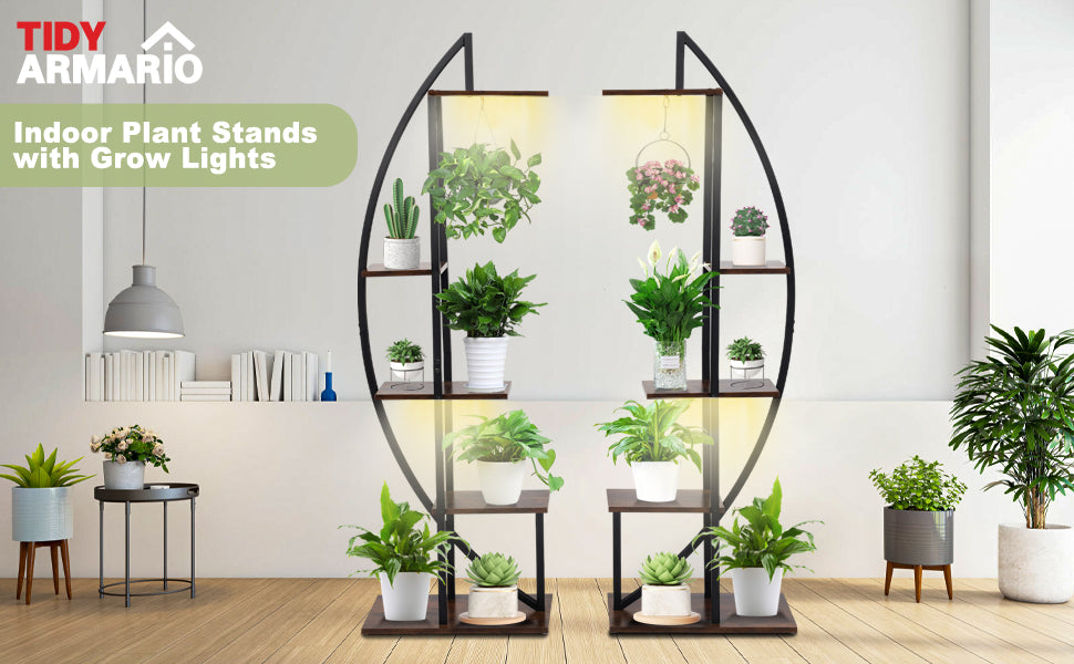 Tidyarmario Plant Stand Idoor with Grow Lights Grow Lights, 7 Tiered Metal Wooden Flower Stand, Half-Moon Shape Plant Shelf for Living Room ,balcony,Patio